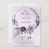 Blumenkranz, lila und weiß save the date (Vorderseite)