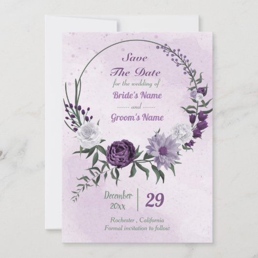 Blumenkranz, lila und weiß save the date (Vorderseite)
