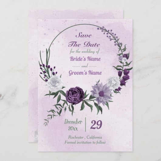 Blumenkranz, lila und weiß save the date (Vorne/Hinten)