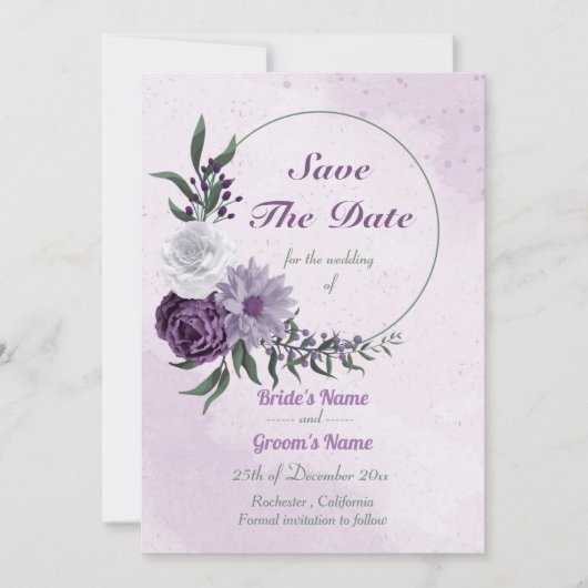 Blumenkranz, lila und weiß save the date (Vorderseite)