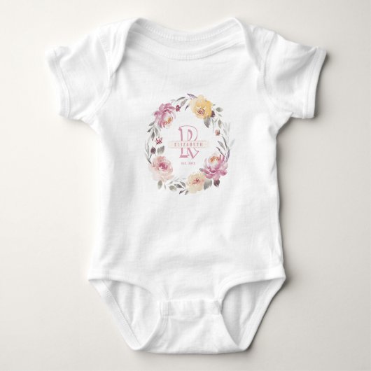 Blumenkranz-Mädchen personalisierte Monogramm Baby Strampler (Vorderseite)