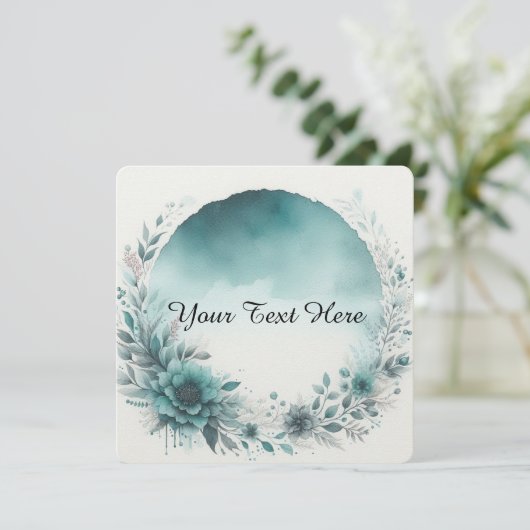 Blumenkranz mit Aquamarinem Aquarellhintergrund Einladung (Stehend Vorderseite)