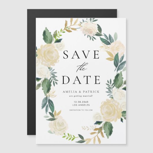 Blumenkranz mit Elfenbeinkügelchen Save the Date Magneteinladung (Vorne/Hinten)