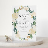 Blumenkranz mit Elfenbeinkügelchen Save the Date Magneteinladung