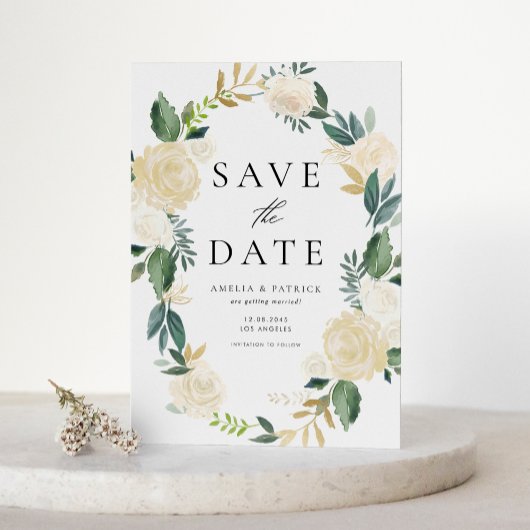 Blumenkranz mit Elfenbeinkügelchen Save the Date Magneteinladung