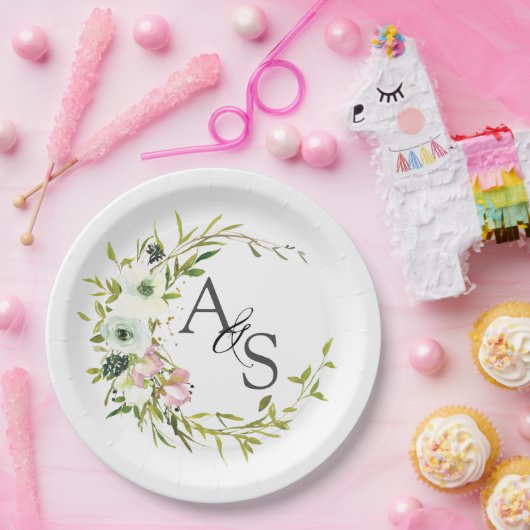 Blumenkranz mit Monogramm Blush & White Pappteller (Party)
