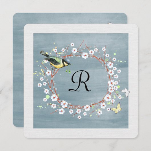 Blumenkranz mit Monogramm und Vogel Einladung (Vorne/Hinten)