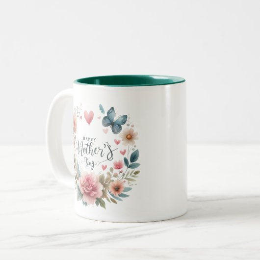Blumenkranz mit Schmetterling, glücklicher Muttert Zweifarbige Tasse (Vorderseite Links)