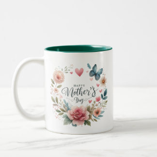 Blumenkranz mit Schmetterling, glücklicher Muttert Zweifarbige Tasse