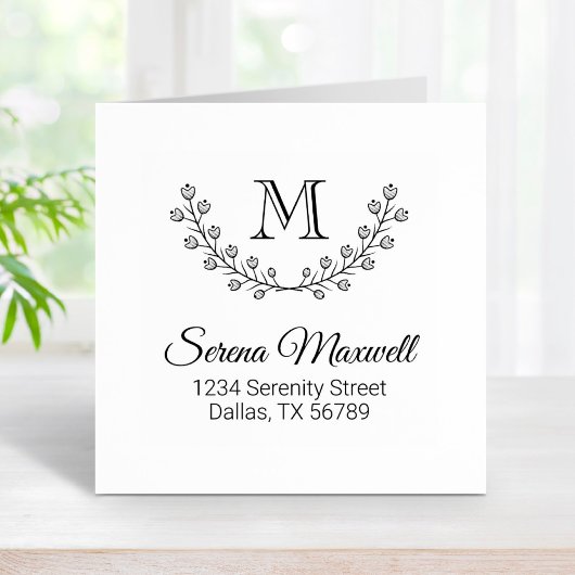 Blumenkranz, Monogramm-Blume-Zweig-2-Adresse Gummistempel