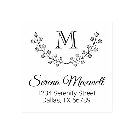 Blumenkranz, Monogramm-Blume-Zweig-2-Adresse Gummistempel (Prägung)