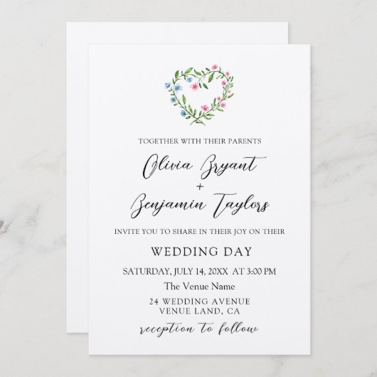 Blumenkranz. Rustikale Hochzeit Einladung (Vorne/Hinten)