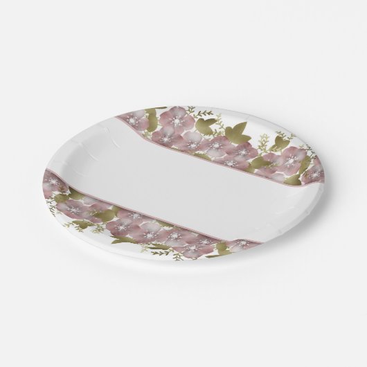 Blumenkranz Sommerrosa Blume grüne Lee Pappteller (Schrägansicht)