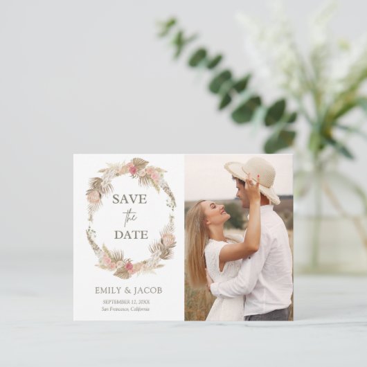 Blumenkranz von Boho Save the Date Postkarte (Stehend Vorderseite)
