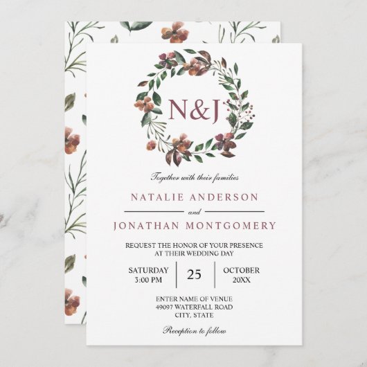 Blumenkränze in Aquarellen Blume Einladung (Vorne/Hinten)