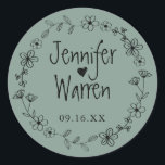 Blumenkraut Personalisiert grün Runder Aufkleber<br><div class="desc">Ein süßes Ende zu einem neuen Anfang personalisiert sich mit Namen,  Datum und handgezeichnet Blume. Melde mich,  wenn du Hilfe brauchst oder spezielle Wünsche hast.</div>