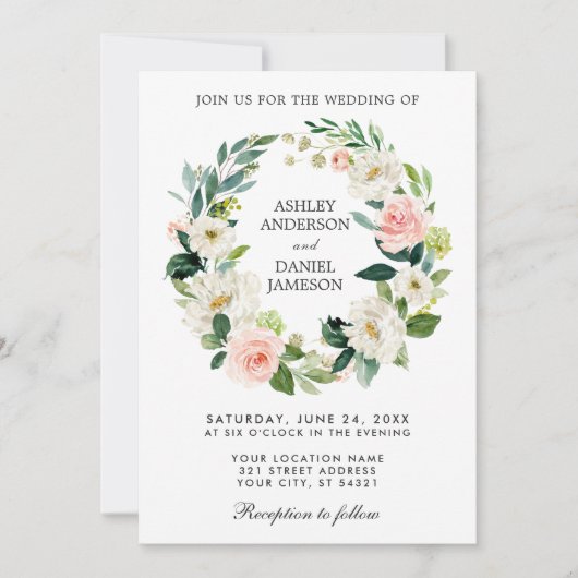 Blumenkraut Wasserfarbe Rosa weiße Hochzeit Einladung (Vorderseite)