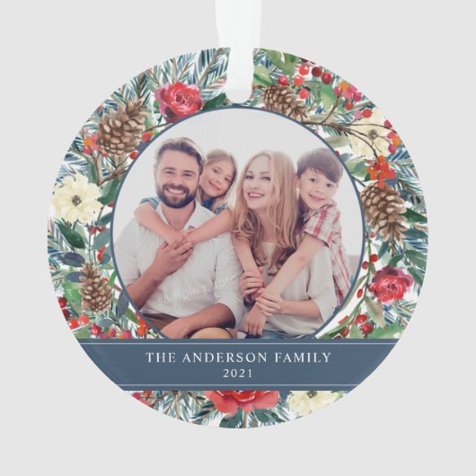 Blumenkraut Weihnachten Personalisiertes Foto Blau Ornament (Rückseite)