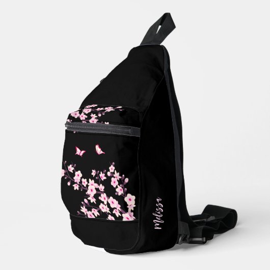 Blumenkrebs Blossom Schwarz-Pink-Monogramm Crossbody Bag (Rechte Ecke)