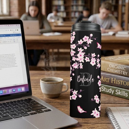 Blumenkrebs Blüten Rosa Schwarzer Name Monogramm Thermosbecher