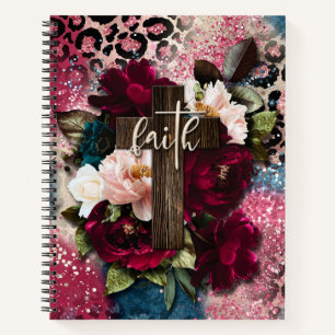 Blumenkreuz auf Pink Blue Glitzer Leopard Print Notizblock
