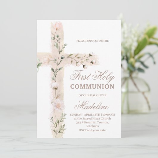 Blumenkreuz Erste Kommune Einladung (Stehend Vorderseite)