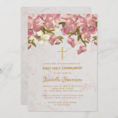 Blumenkreuz Rosa Orchideen Marmor Erste Kommune Einladung (Vorne/Hinten)
