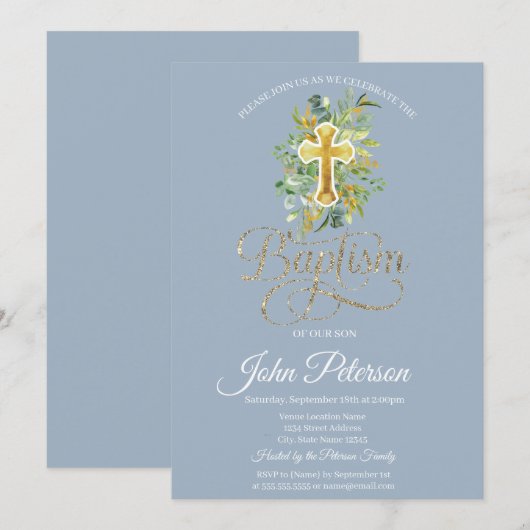 Blumenkreuz Taufe Dusty Blue Einladung (Vorne/Hinten)