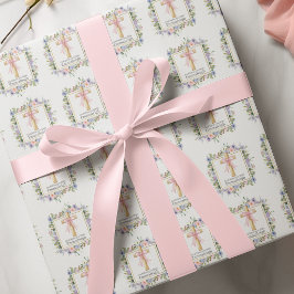 Blumenkreuz zur Erstkommunion mit rosa Schleife Geschenkpapier