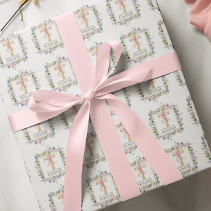 Blumenkreuz zur Erstkommunion mit rosa Schleife Geschenkpapier