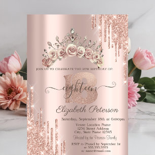 Blumenkrone Glitter Tropfen Roségold 18. Einladung