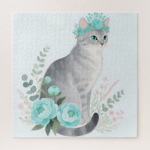 Blumenkronen-Graue Katze Puzzle