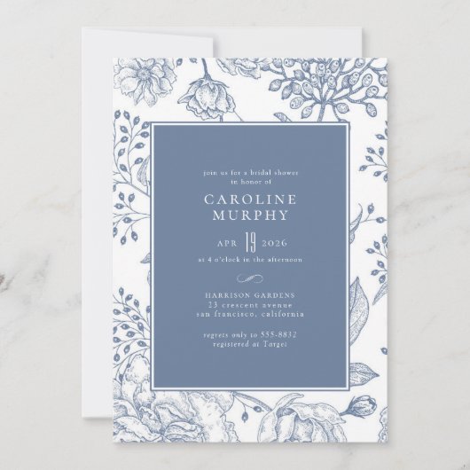 Blumenkröten Periwinkle Blauer Elegantes Brautpart Einladung (Vorderseite)