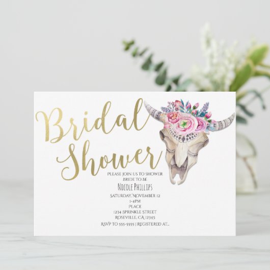 Blumenkuh Skull Gold Bridal Dusche Einladung (Stehend Vorderseite)
