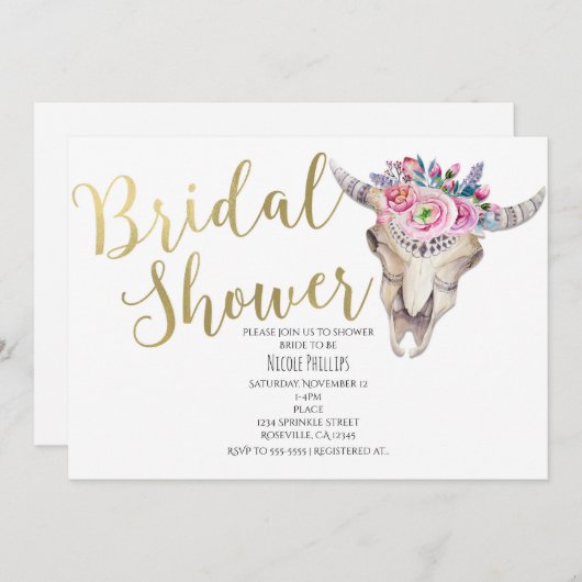 Blumenkuh Skull Gold Bridal Dusche Einladung (Vorne/Hinten)