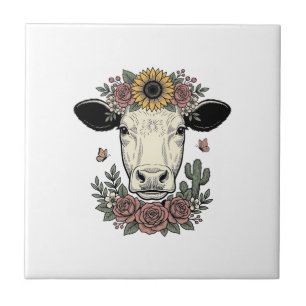 Blumenkuhkopf im Vintage-Stil Gravur Design_1 Fliese