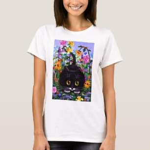 Blumenkunst-Schwarzestuxedo-Katzen-Blumen T-Shirt