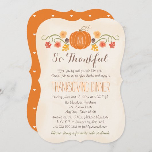 Blumenkürbis-mit Monogramm Erntedank-Abendessen Einladung (Vorne/Hinten)
