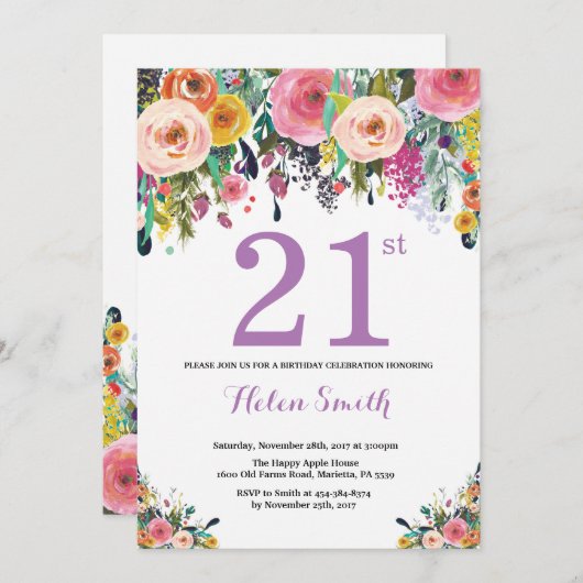 Blumenladen 21. Geburtstag Lila Einladung (Vorne/Hinten)
