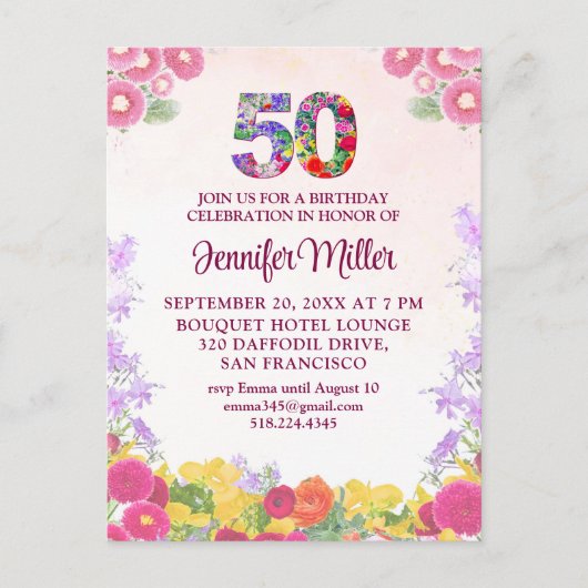 Blumenladen 50. Geburtstag, Elegant 50 Pastel Postkarte (Vorderseite)