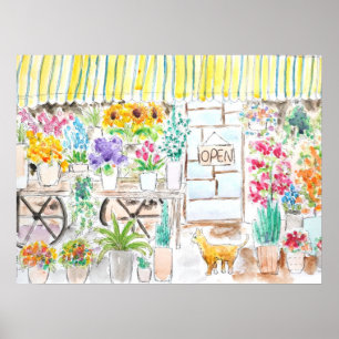 Blumenladen und Katze Tinte und Aquarell  Poster