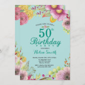 Blumenladen zum 50. Geburtstag Aquamarin Einladung (Vorne/Hinten)