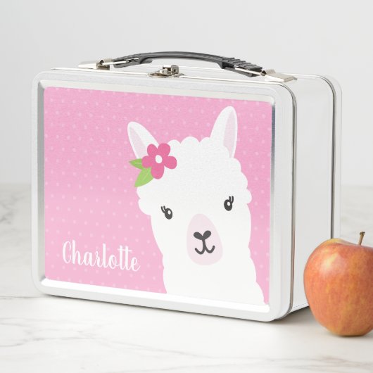 Blumenlama-Alpaka-Rosa-personalisiertes Mädchen Metall Brotdose (Beispiel)
