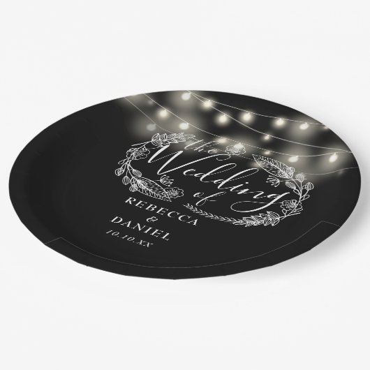 Blumenlampen Schwarz-Weiß-Hochzeit Pappteller (Schrägansicht)