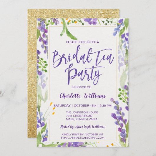 Blumenlavender & Gold Brautparty Tee Einladung (Vorne/Hinten)