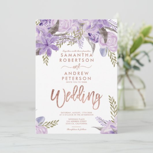 Blumenlavender lila Aquarell Rose Hochzeit Einladung (Stehend Vorderseite)