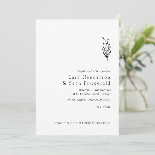 Blumenlavender Moderne Minimalistisch Schwarz/Weiß Einladung (Stehend Vorderseite)