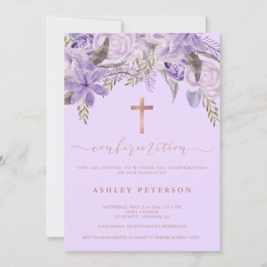 Blumenlavene Aquarellgoldbestätigung Rose Einladung (Vorderseite)