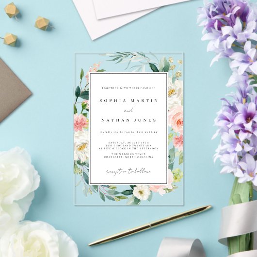 Blumenleaf Blush Grün Moderne klare Hochzeit Acryleinladungen (In Situ (Hochzeit))