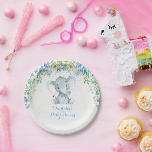 Blumenlephant Baby Boy Dusche Blauer Party Platte Pappteller (Party)